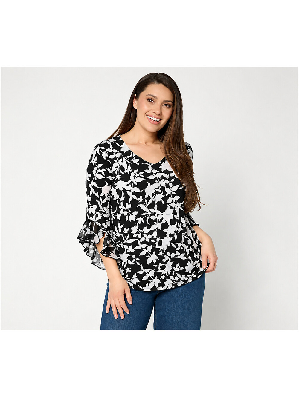 Susan Graver Printed Liquid Knit Top with Chiffon Ruffle Sleeve Black, Large